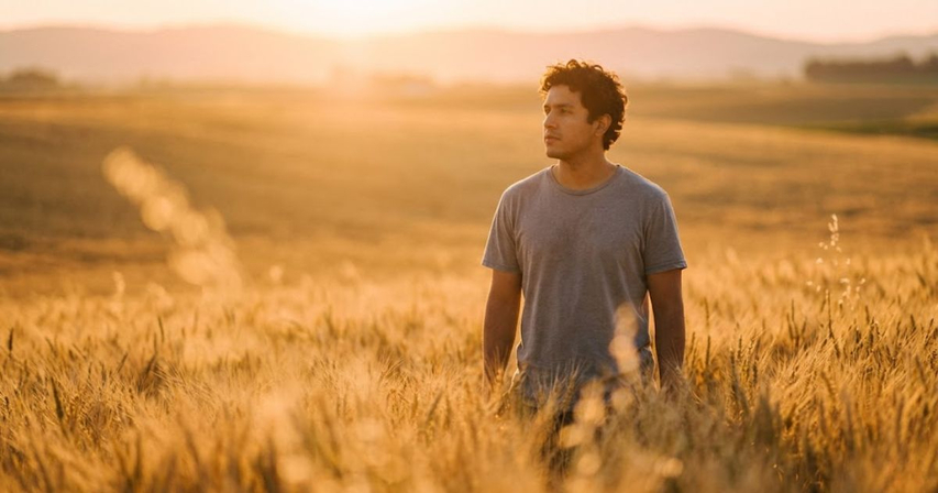 golden hour warm aura farming portrait wheat field