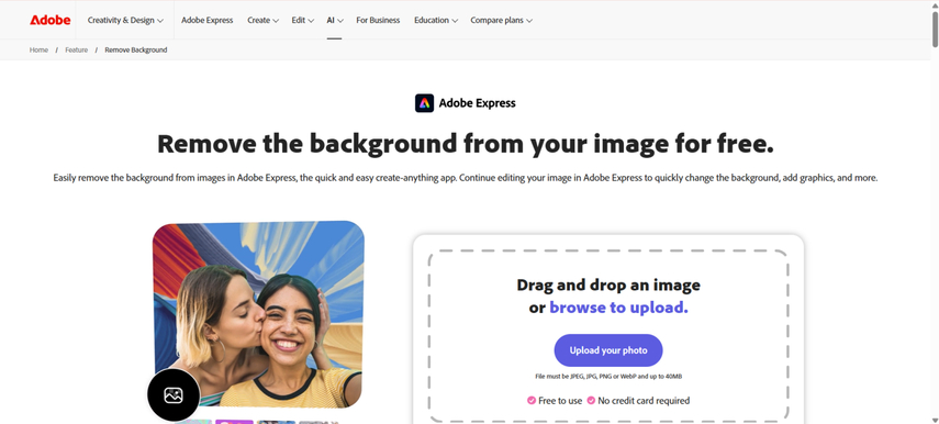 adobe express free background remover homepage screenshot