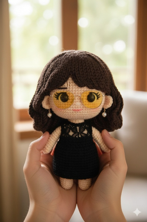 close-up of handmade knitted yarn doll in cozy indoor setting.