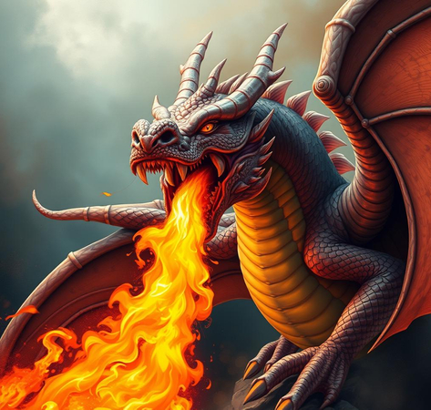 Monica AI dragon wallpaper output, close-up horned dragon breathing fire with wings spread