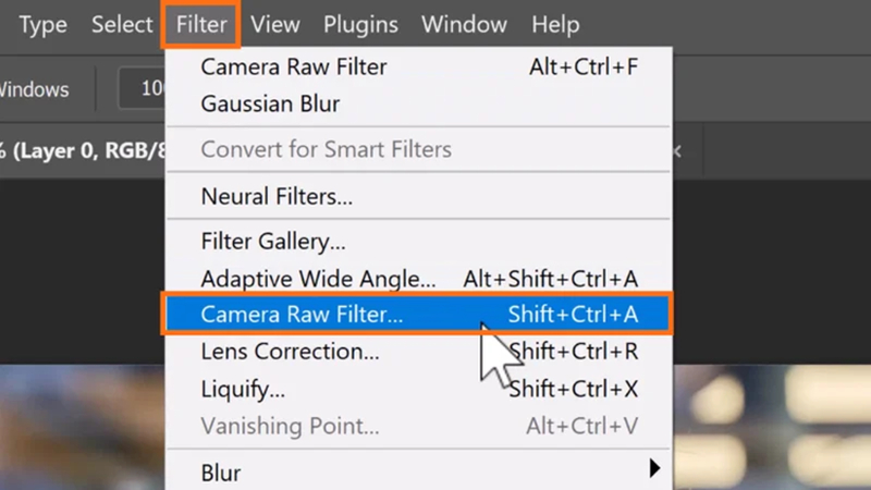 opening the remove panel inside photoshop camera raw filter