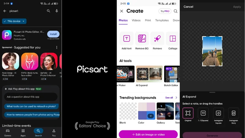 تطبيق PicsArt لتوسيع الصور بالذكاء الاصطناعي