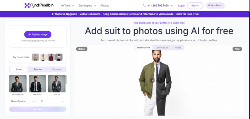 pixelbin ai add suit to photo online