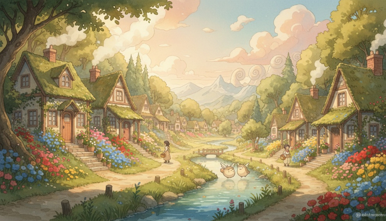 Warm rural village with small houses, flower gardens, green hills, and soft golden morning light.