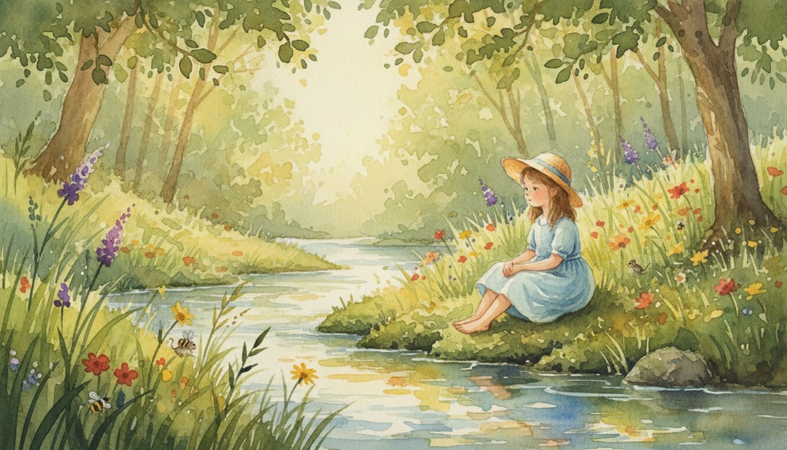 Child sitting beside a peaceful forest stream surrounded by tall grass, flowers, and small woodland creatures.