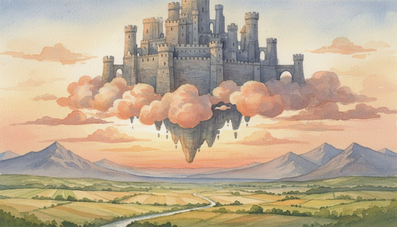 Floating castle above a peaceful countryside with enormous clouds, distant mountains, and warm sunset light.