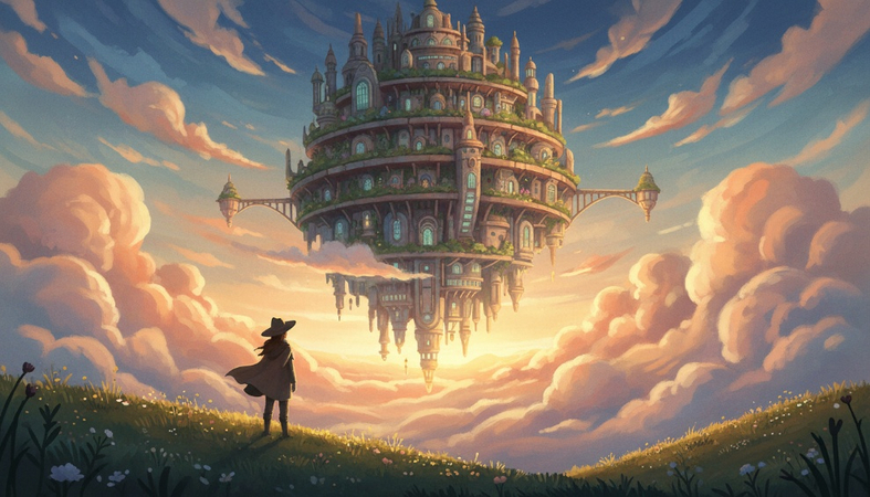 Young traveler standing on a grassy hill beneath a giant floating city surrounded by layered clouds.