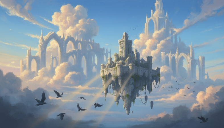 Old castle floating through a bright blue sky surrounded by massive clouds and flying birds.