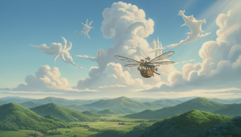 Small flying machine crossing a vast sky above green mountains and large sculpted clouds.