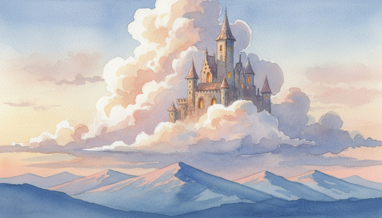 Magical castle hidden among enormous clouds at sunrise with glowing windows and distant blue mountains.