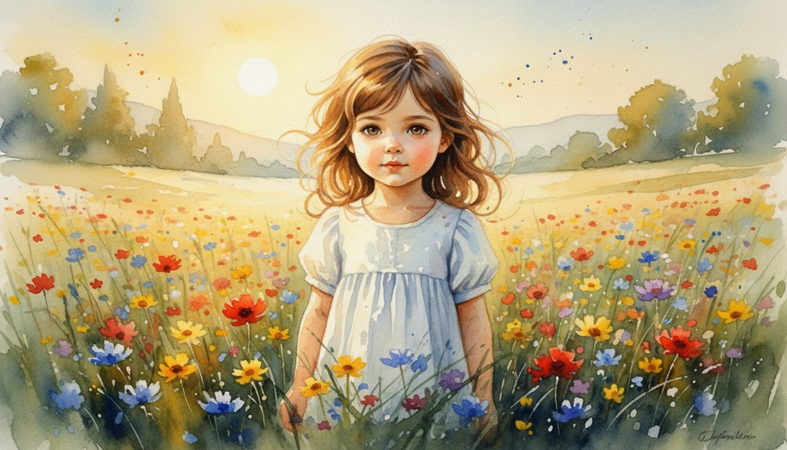 Young girl with expressive eyes standing in a flower field with her hair moving gently in the breeze.