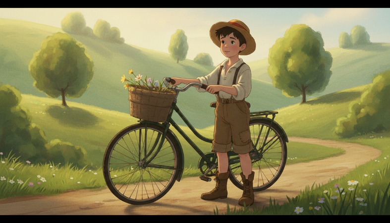 Young boy standing beside an old bicycle with green hills and soft sunlight in the background.