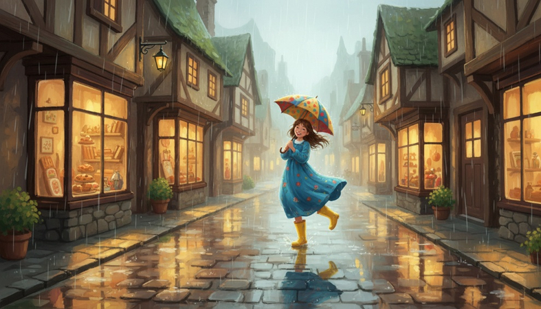 Cheerful girl holding an umbrella on a rainy village street with glowing shop windows reflected on wet pavement.