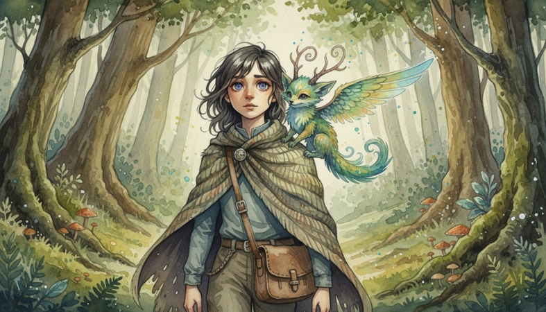 Young traveler walking through a forest with a small magical creature on their shoulder.