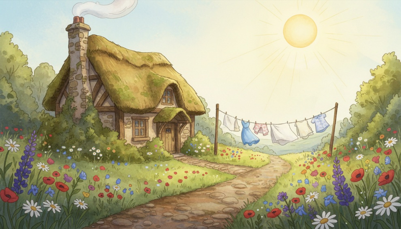 Cozy countryside cottage surrounded by wildflowers along a narrow road with laundry blowing in the warm sunlight.