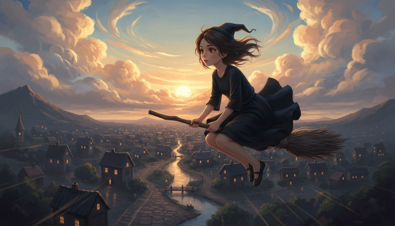 Young witch flying over a quiet town at sunset with glowing windows and large clouds in the sky.