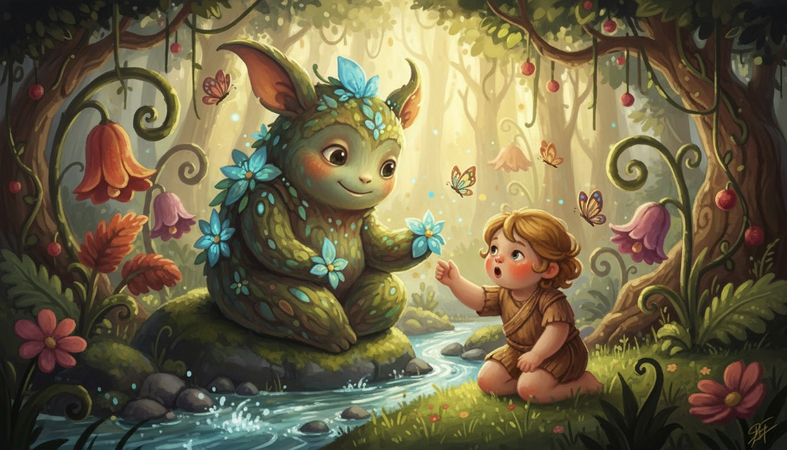 Gentle forest spirit sitting beside a child near a stream surrounded by lush plants and warm sunlight.