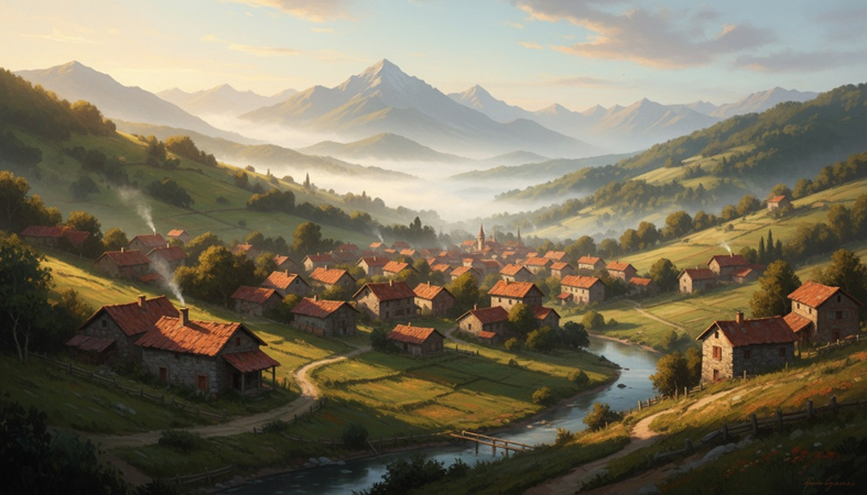 Quiet village with red-roofed houses surrounded by green hills, distant mountains, and soft morning mist.