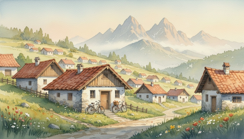 Bicycles resting near a countryside home in gentle afternoon sunlight with soft watercolor scenery.
