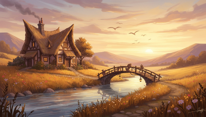 Countryside home beside a river with a wooden bridge, tall grass, birds, and warm sunset light.