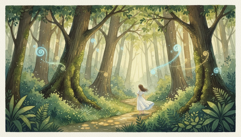 Young girl walking through a dense forest with dappled sunlight, glowing spirits, and lush green plants.