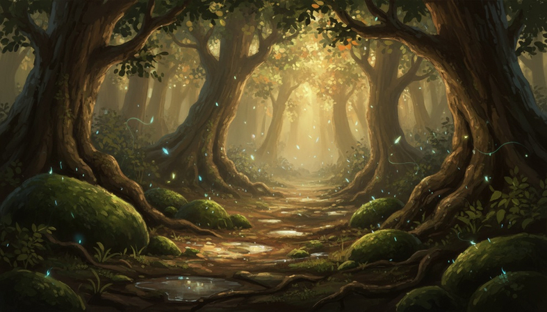 Moss-covered forest path after rain with towering trees, warm sun rays, and glowing insects.