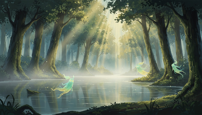 Quiet forest lake covered in soft morning fog with tiny glowing spirits and sunlight filtering through the trees.