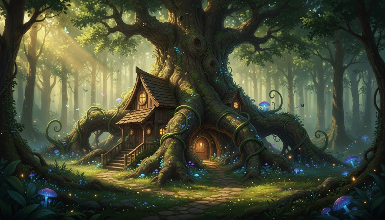 Giant ancient tree in a lush forest with a small wooden house built among its roots.