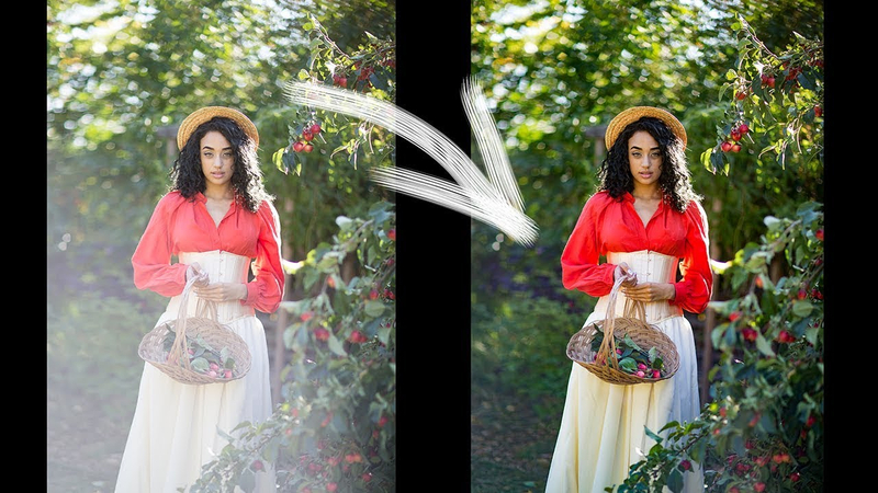 before and after remove sun glare from photo