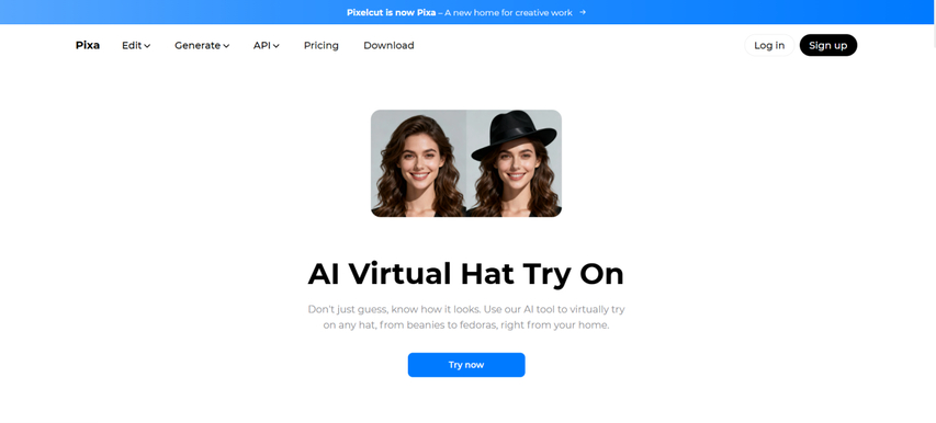 ai virtual hat try on pixa homepage screenshot
