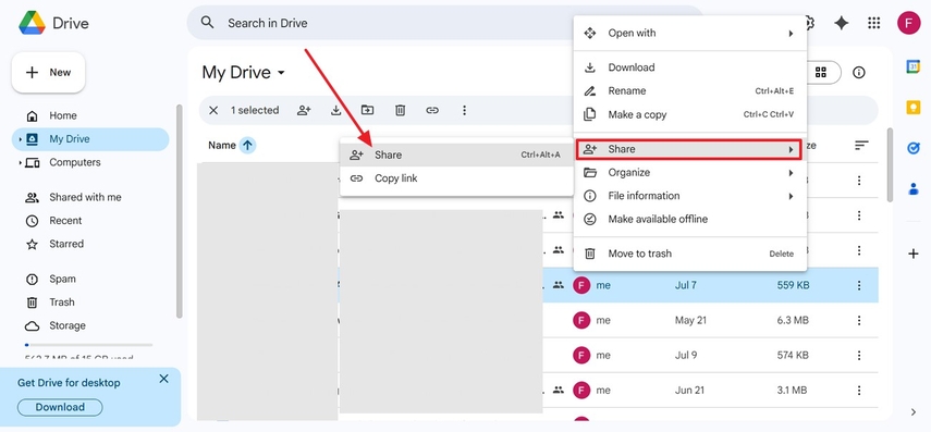 navigate share option from google drive