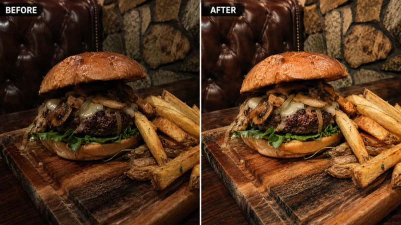 dark burger given warm editorial style