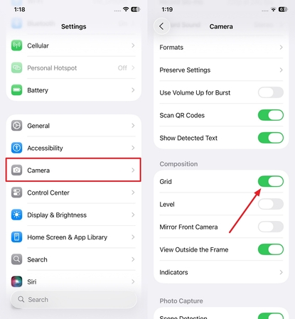enable grid on iphone camera