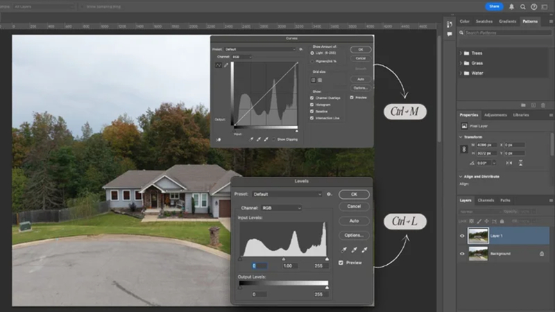 adjusting property photo exposure with photoshop curves and levels