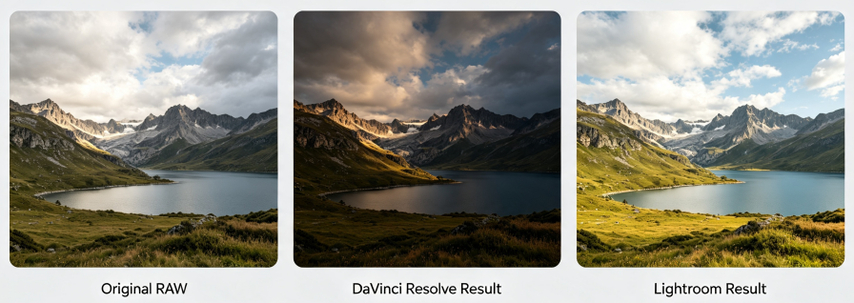 Comparaison en trois volets de l’étalonnage des couleurs pour photo de paysage