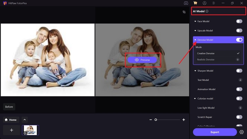 use ai denoise model preview results