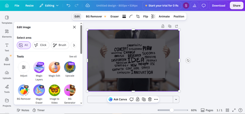 Canva web editor workspace applying photo enhancement to a blurry whiteboard image.