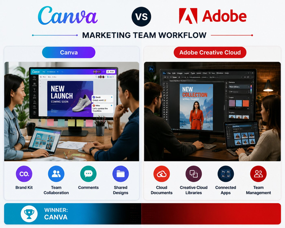 Marketing team workflow comparison between Canva and Adobe