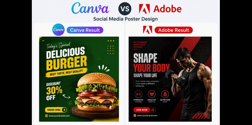 Social media poster design comparison between Canva and Adobe