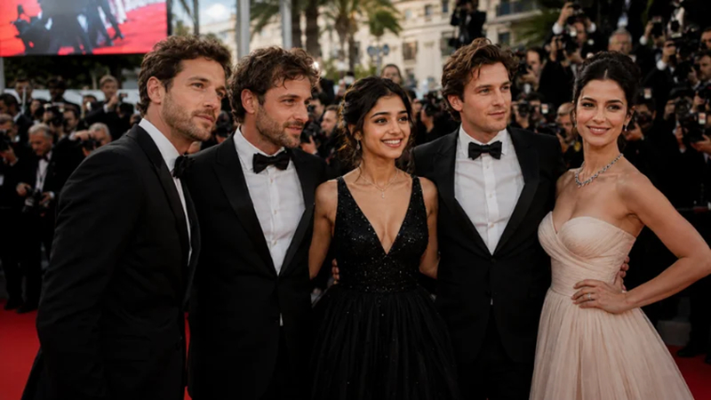 celebrity group photo on cannes red carpet