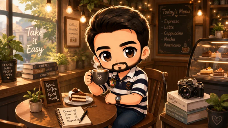 cozy chibi cafe character