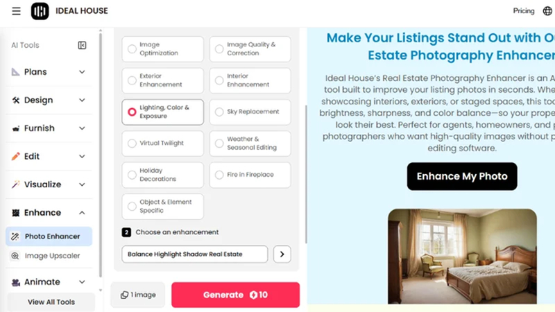 choosing an ai enhancement option in ideal house