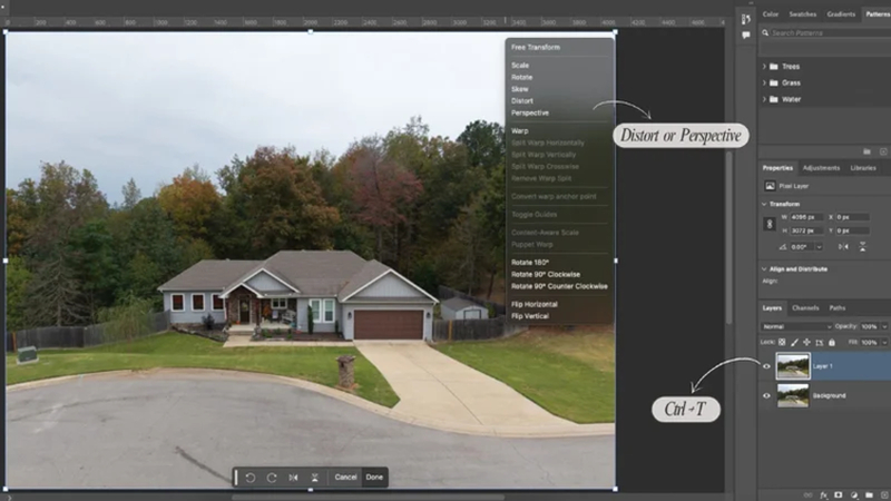 correcting tilted walls and perspective in a property photo