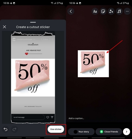 use sticker for instagram cutout feature