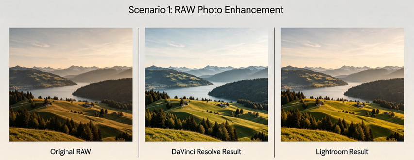 Comparaison en trois volets de l’amélioration de photos RAW entre DaVinci Resolve et Lightroom