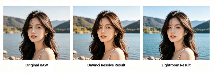 Comparaison en trois volets entre le portrait original, DaVinci Resolve et la retouche des couleurs de portrait dans Lightroom