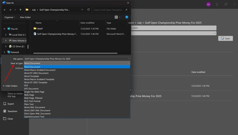 set save as type to pdf