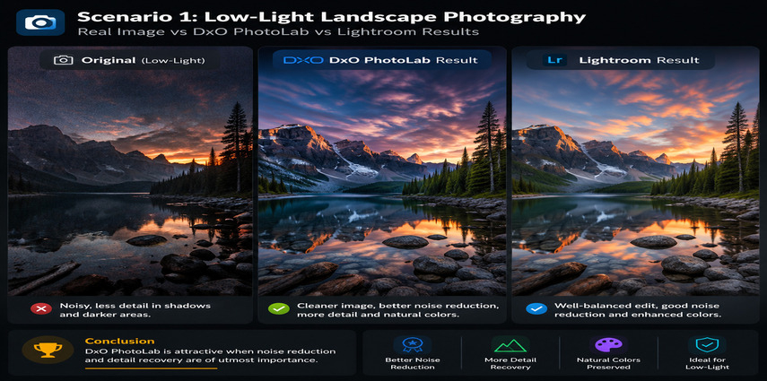 Low-light landscape editing comparison