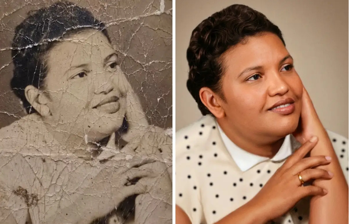 Before and after visual comparison of an old miniature portrait enhanced with clear facial features and rich color restoration