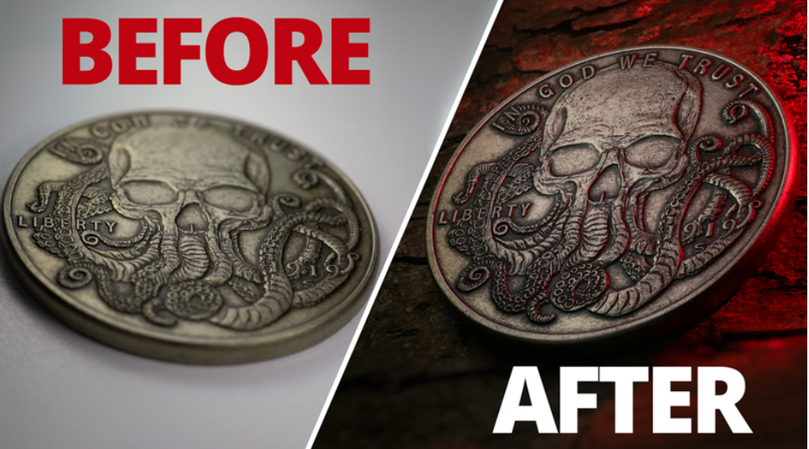 Before and after visual example of a small collectible coin photo upscaled with sharp high-resolution macro details